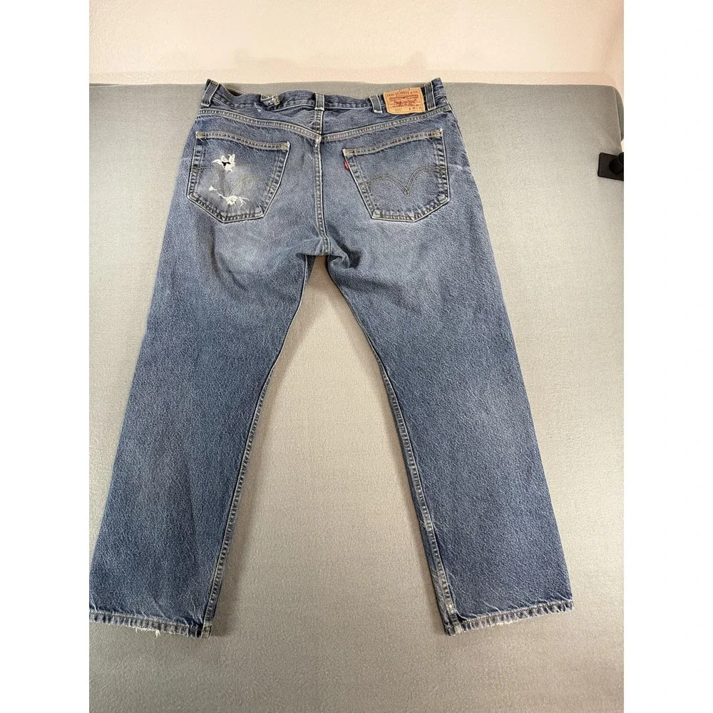 Levi's‎ 505 Jeans Mens 38x30 Medium Wash Blue Regular Straight Distressed Denim
